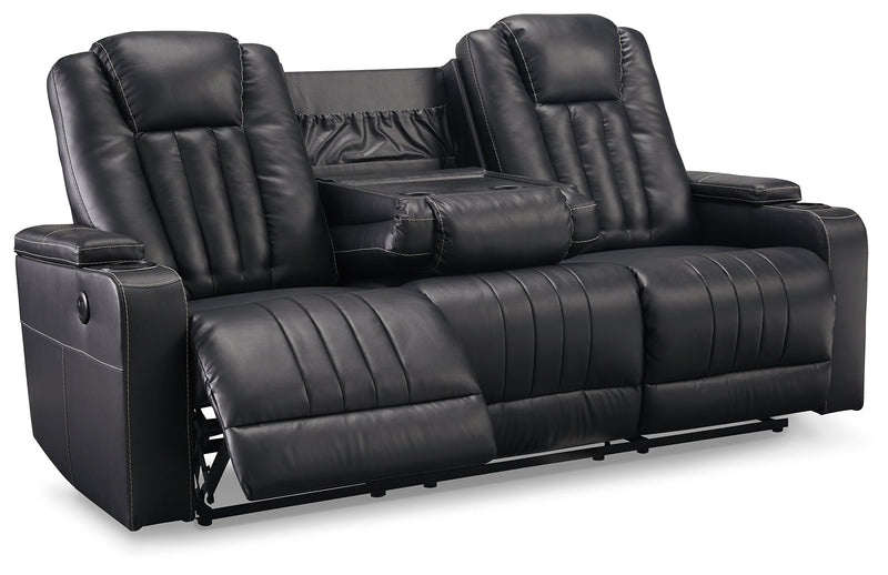 Center Point Black Faux Leather Reclining Sofa With Drop Down Table