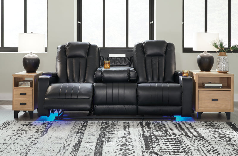 Center Point Black Faux Leather Reclining Sofa With Drop Down Table