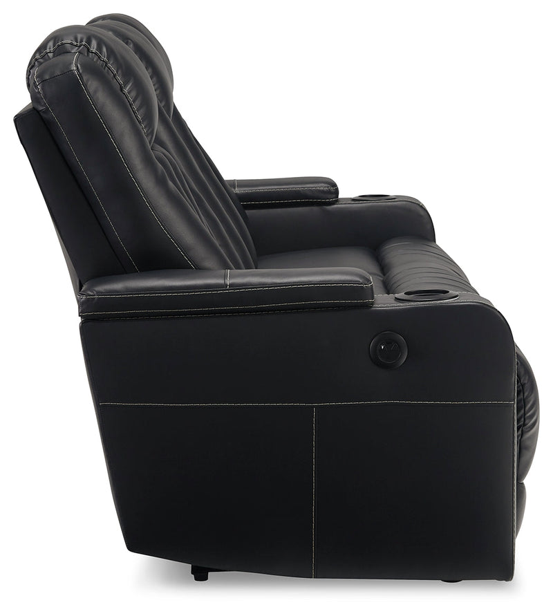 Center Point Black Faux Leather Reclining Sofa With Drop Down Table