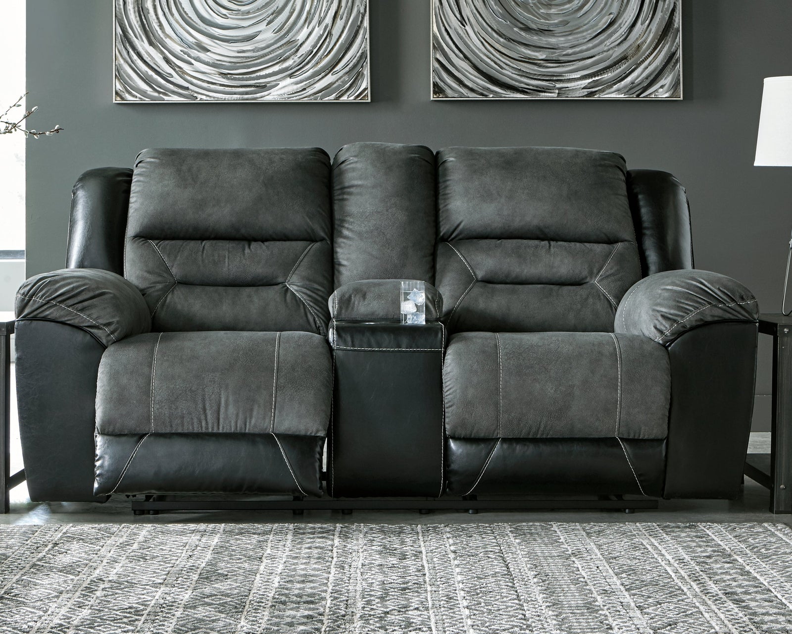 Earhart Slate Microfiber Reclining Loveseat With Console