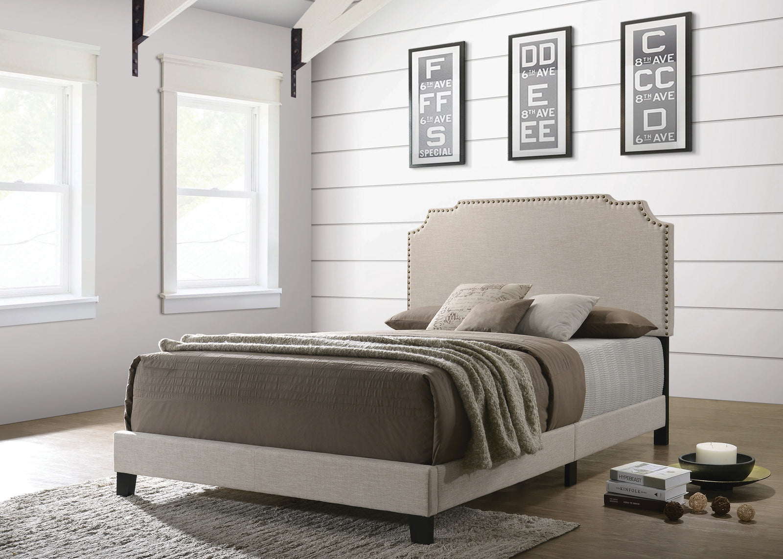 Tamarac Upholstered Nailhead Queen Bed Grey