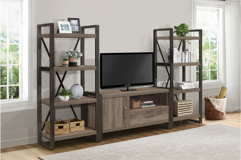 Dogue Brown Modern Sleek Contemporary Solid Wood Metal Media (51) Tv Stand And 2 4-Shelf Bookcases