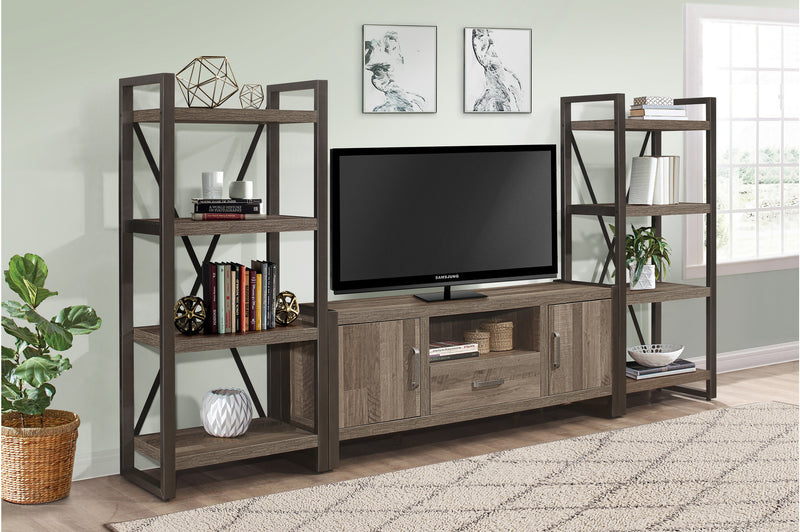 Dogue Brown Modern Sleek Contemporary Solid Wood Metal Media (63) Tv Stand And 2 4-Shelf Bookcases