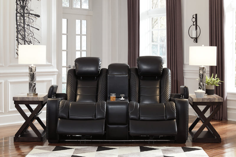 Party Time Midnight Faux Leather Power Reclining Loveseat With Console