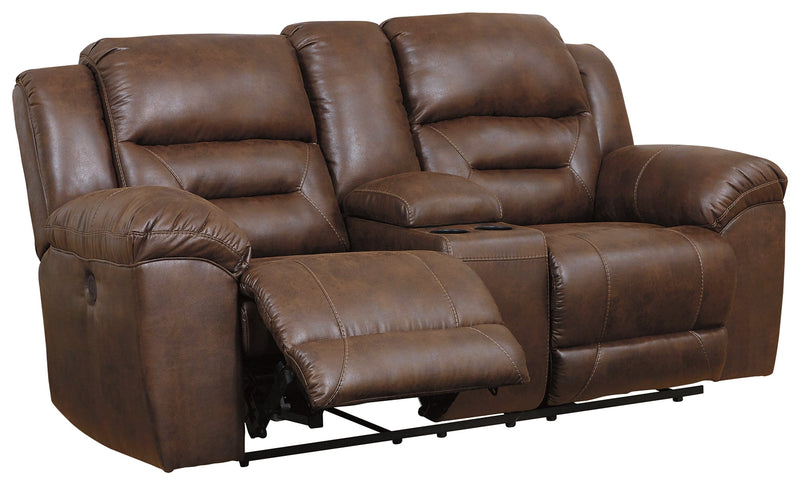 Stoneland Chocolate Faux Leather Power Reclining Loveseat With Console