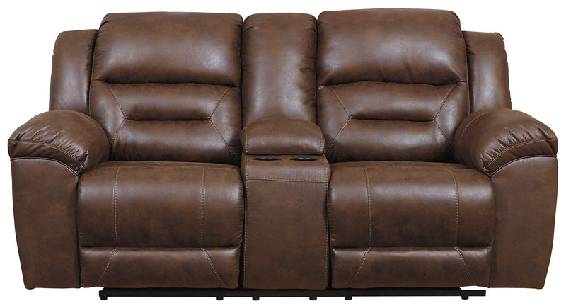 Stoneland Chocolate Faux Leather Power Reclining Loveseat With Console