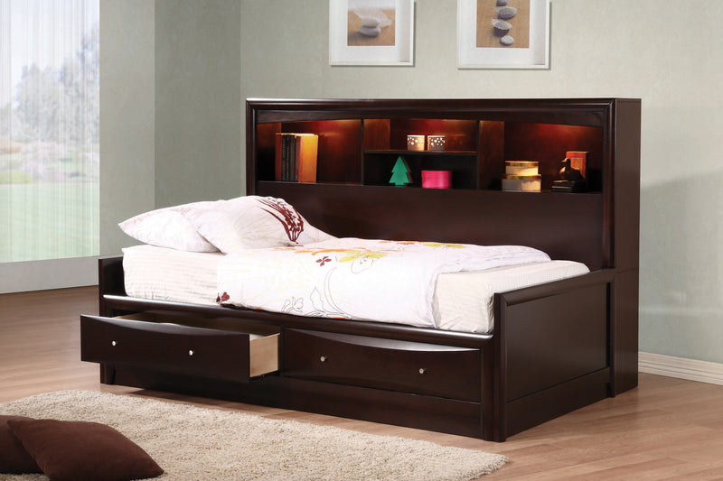 Phoenix Twin Daybed With Bookcase And Storage Drawers Cappuccino