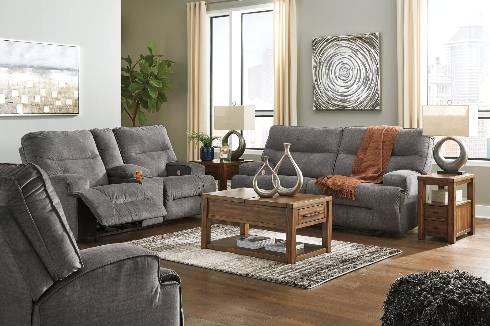 Coombs Charcoal Sofa Loveseat And Recliner