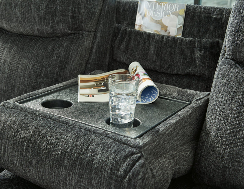 Martinglenn Ebony Chenille Reclining Sofa With Drop Down Table