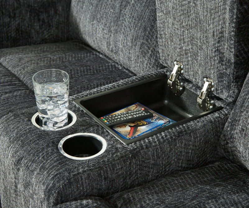 Martinglenn Ebony Chenille Power Reclining Loveseat With Console