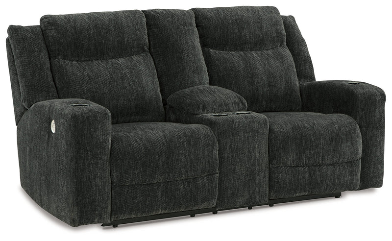 Martinglenn Ebony Chenille Power Reclining Loveseat With Console