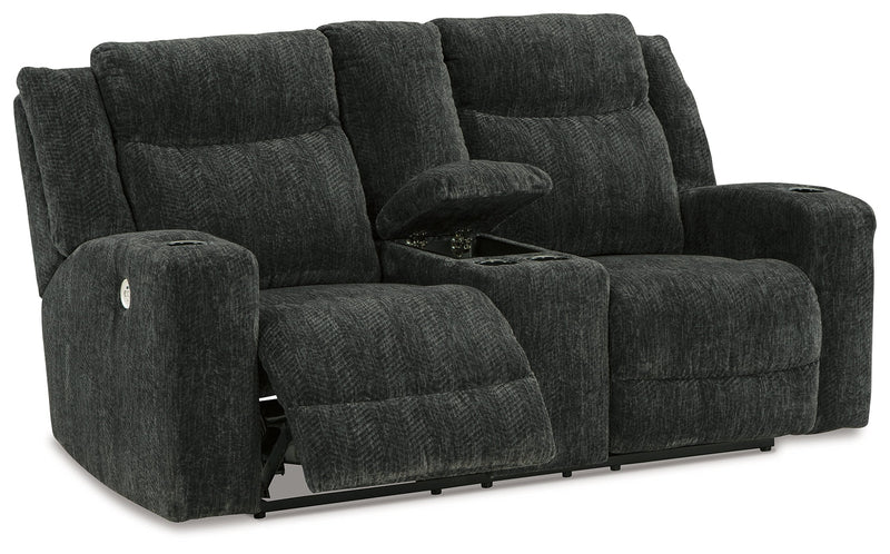 Martinglenn Ebony Chenille Power Reclining Loveseat With Console