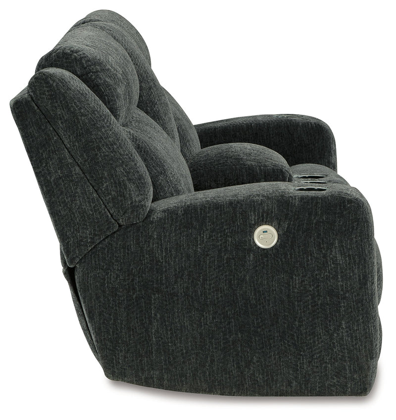 Martinglenn Ebony Chenille Power Reclining Loveseat With Console