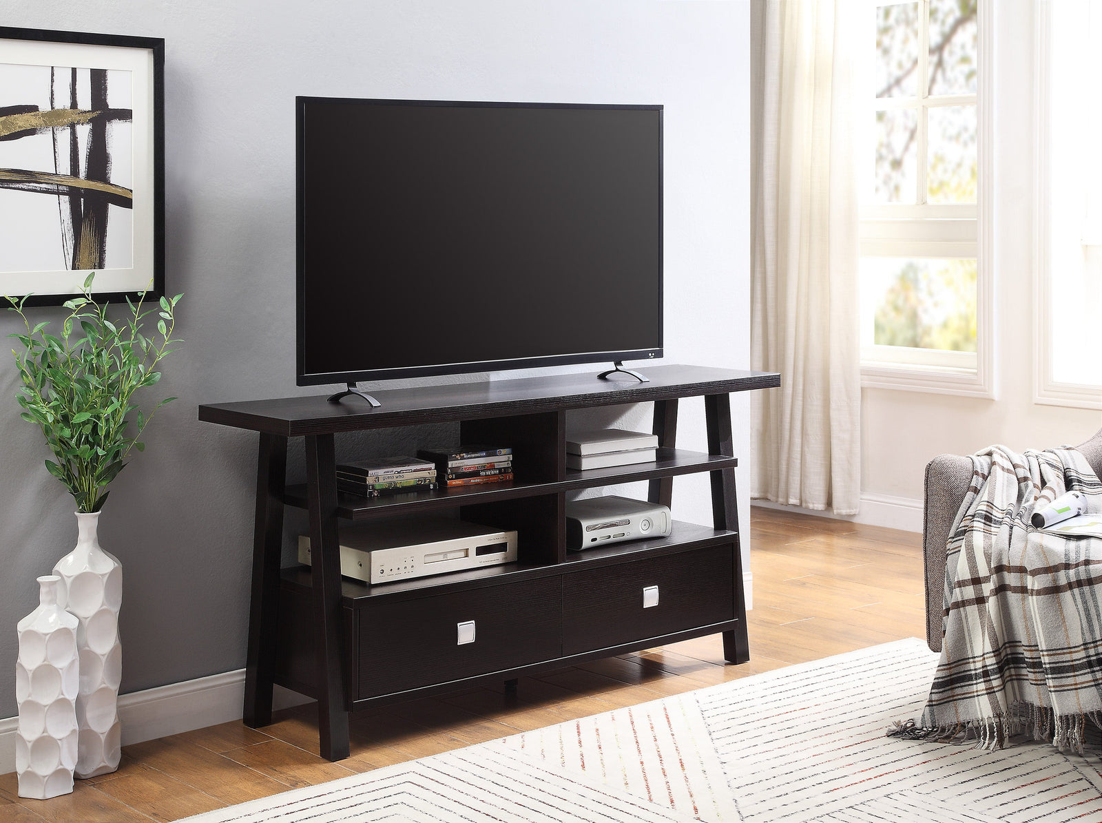 Jarvis Sleek And Modern Dark Brown Tv Stand Assembled Drawers, Media Consoles, Entertainment Cabinets, Angled Legs And Metal Drawer with Storage Doors for Living Room