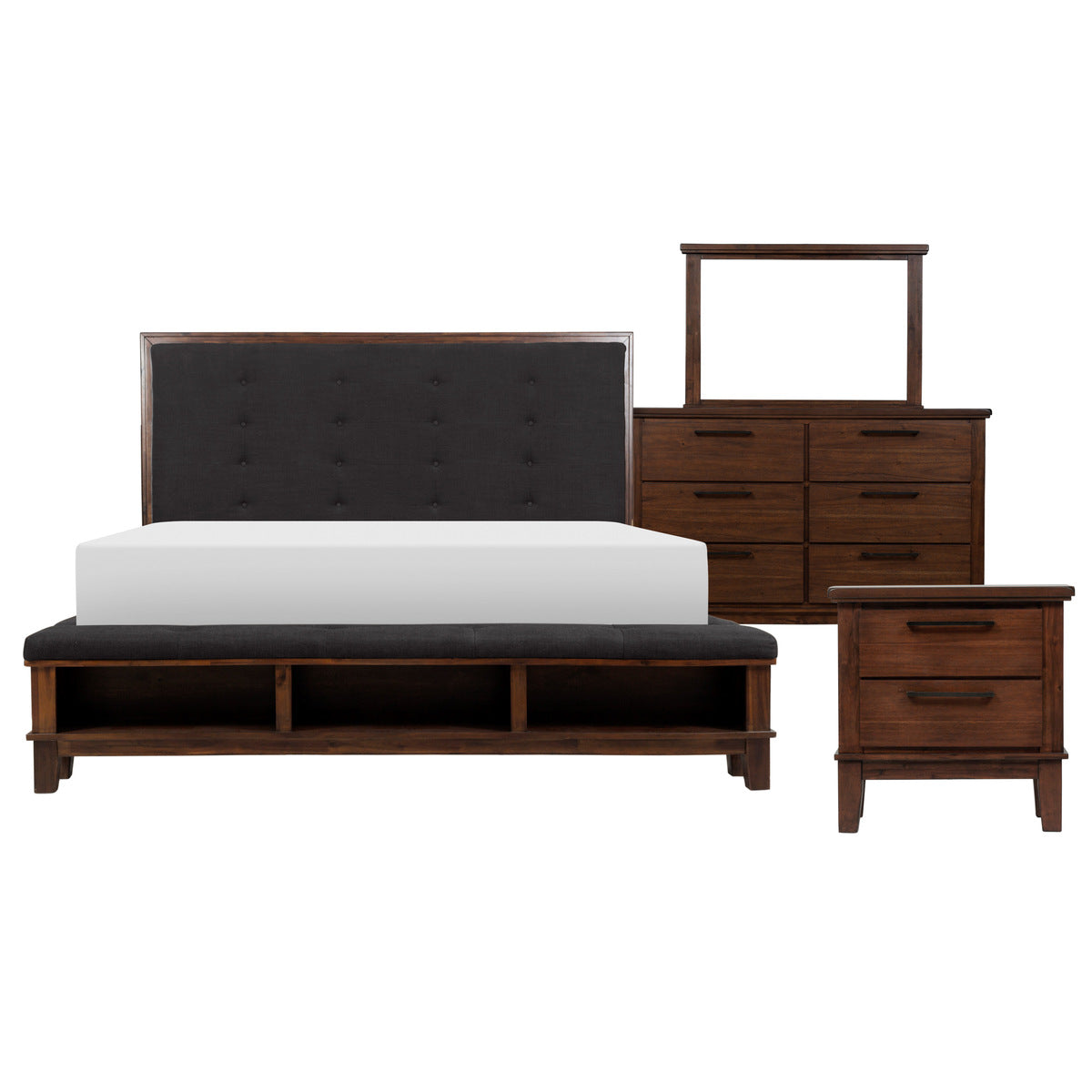 Brown Eastern Modern Traditional Upholstered Tufted Queen Panel Bedroom Set (1Qb,1ns,1dr,1mr)