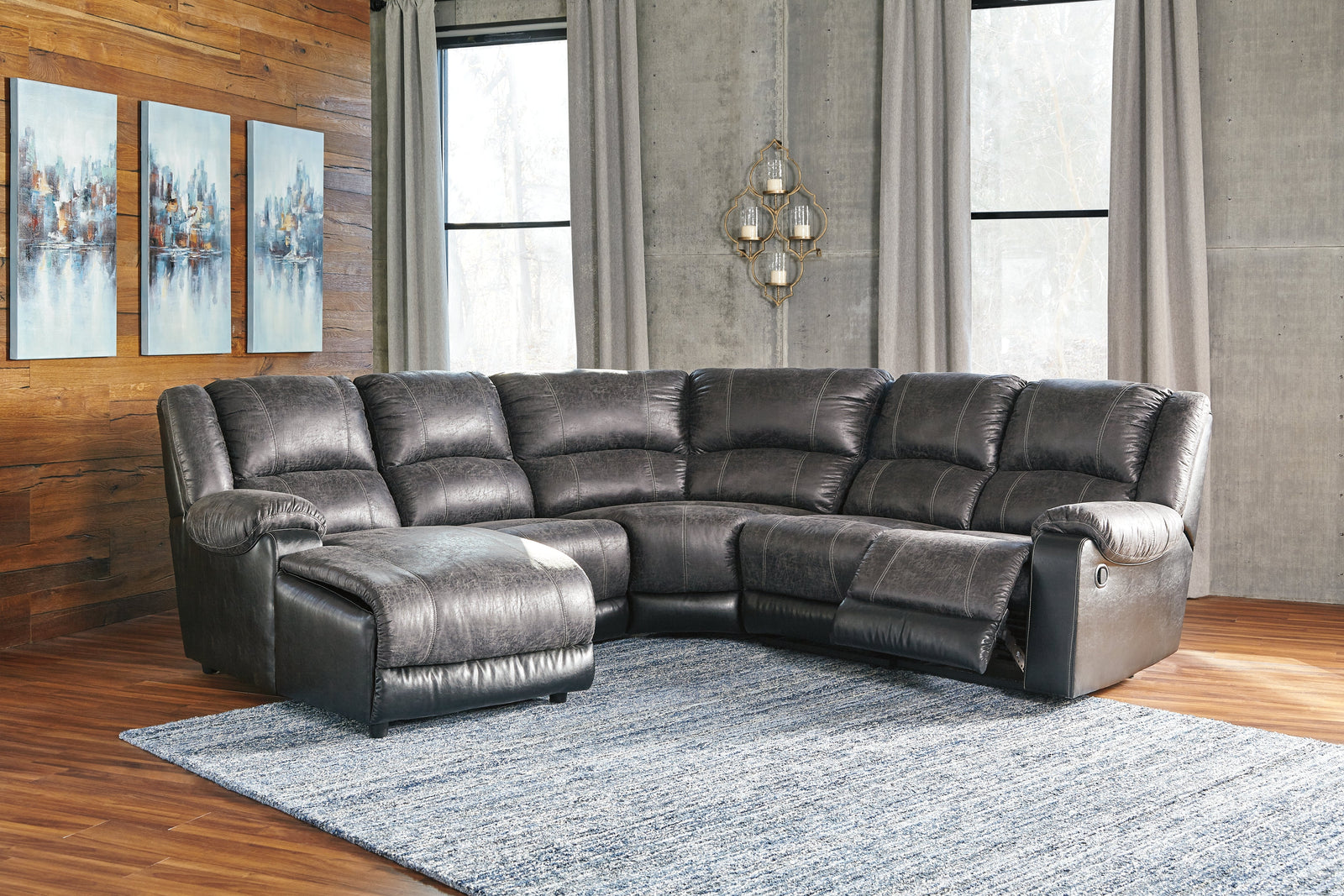 Nantahala Slate Faux Leather 5-Piece Reclining Sectional With Chaise