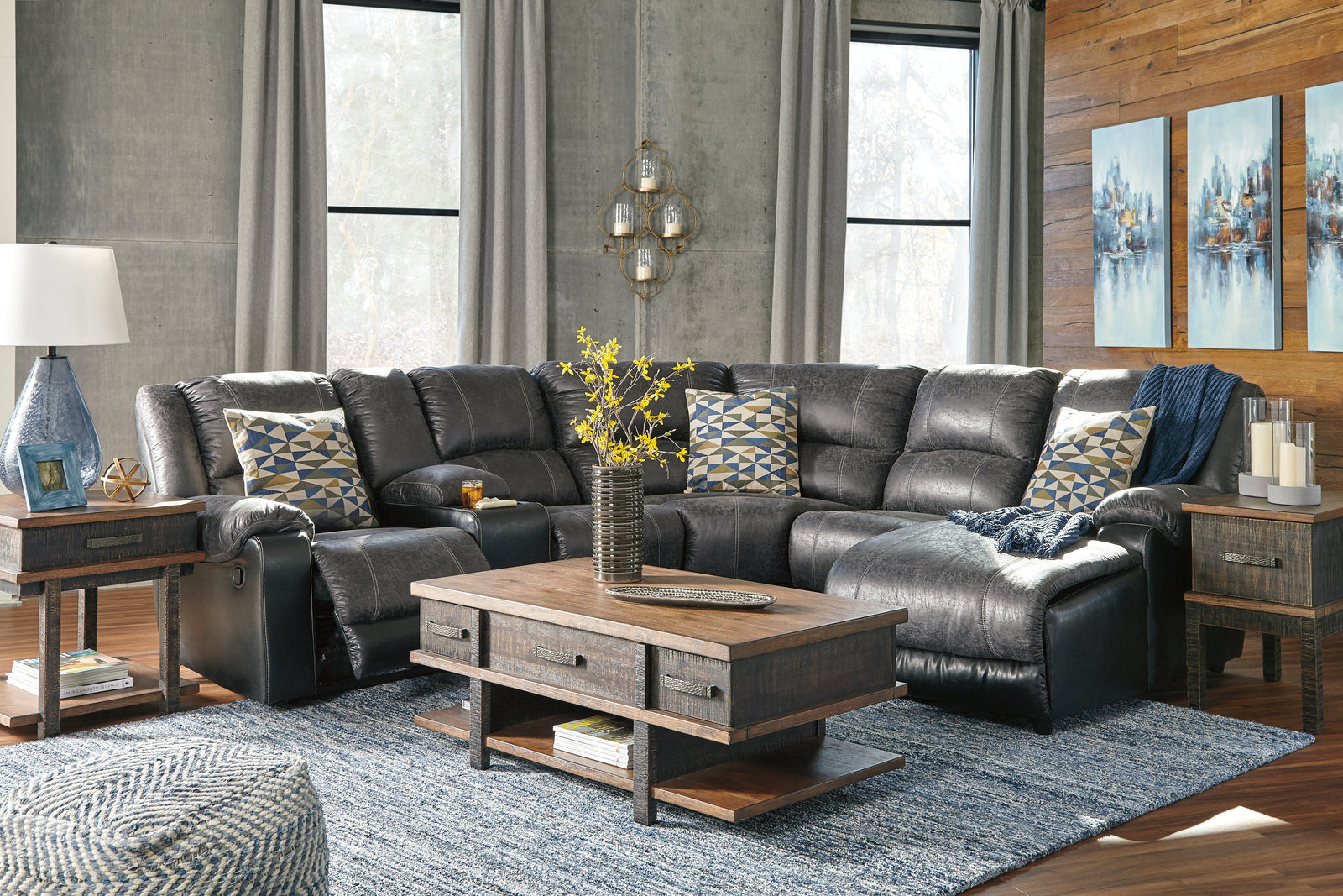 Nantahala Slate Faux Leather 6-Piece Reclining Sectional With Chaise