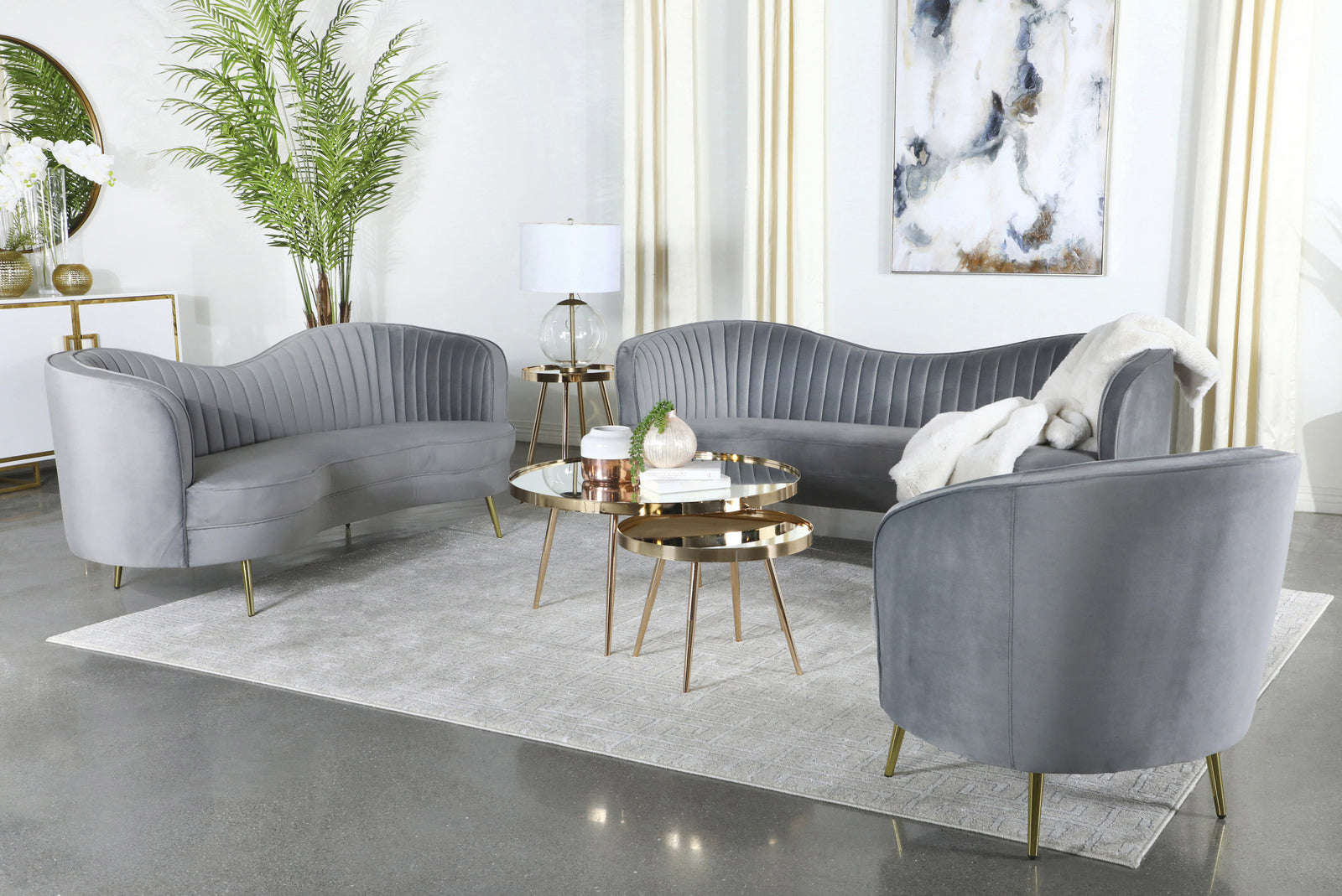 Sophia 2 piece Upholstered Living Room Set With Camel Back Grey And Gold