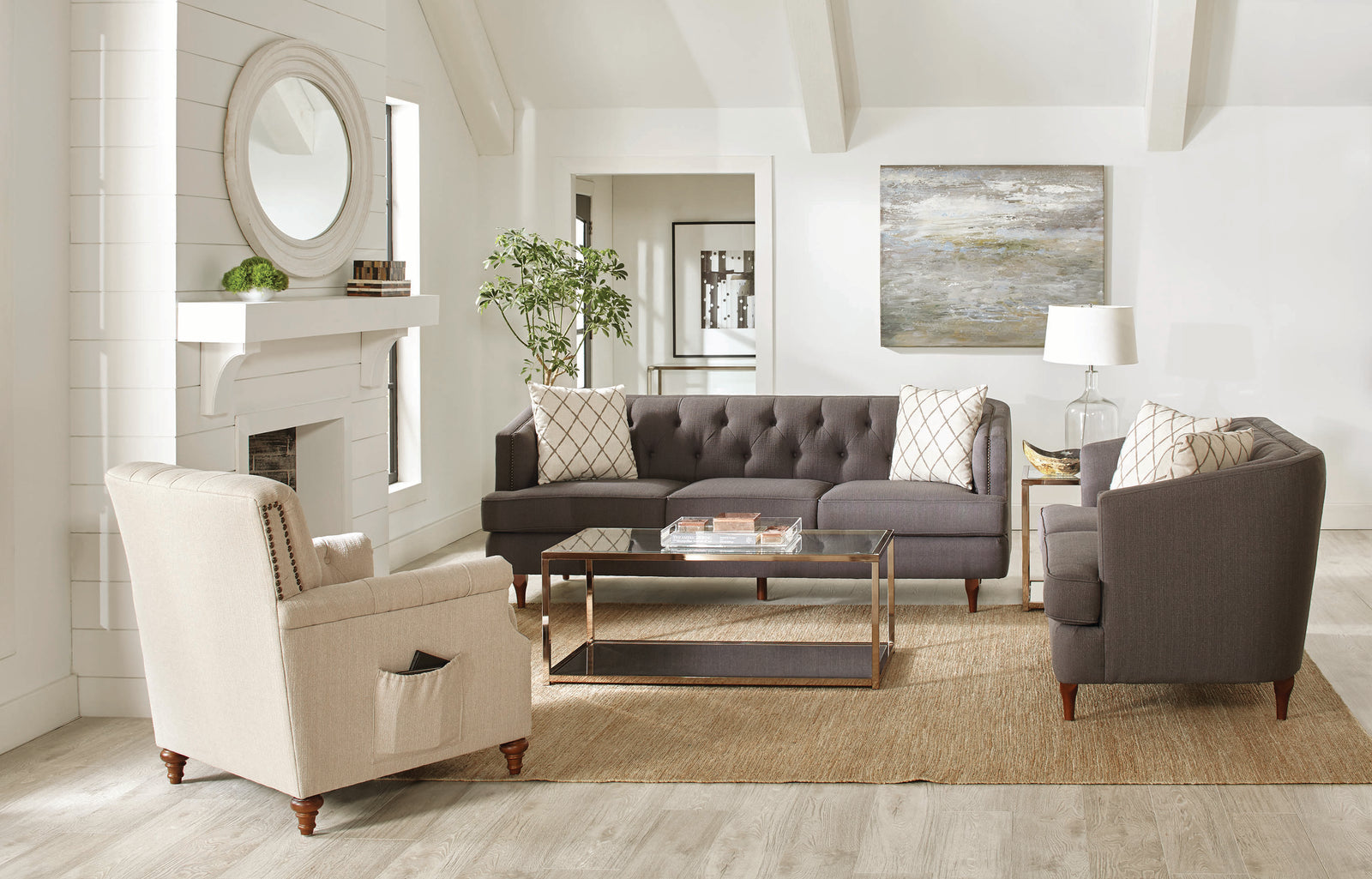 Shelby Recessed Arm And Tufted Tight Back Loveseat Grey Brown