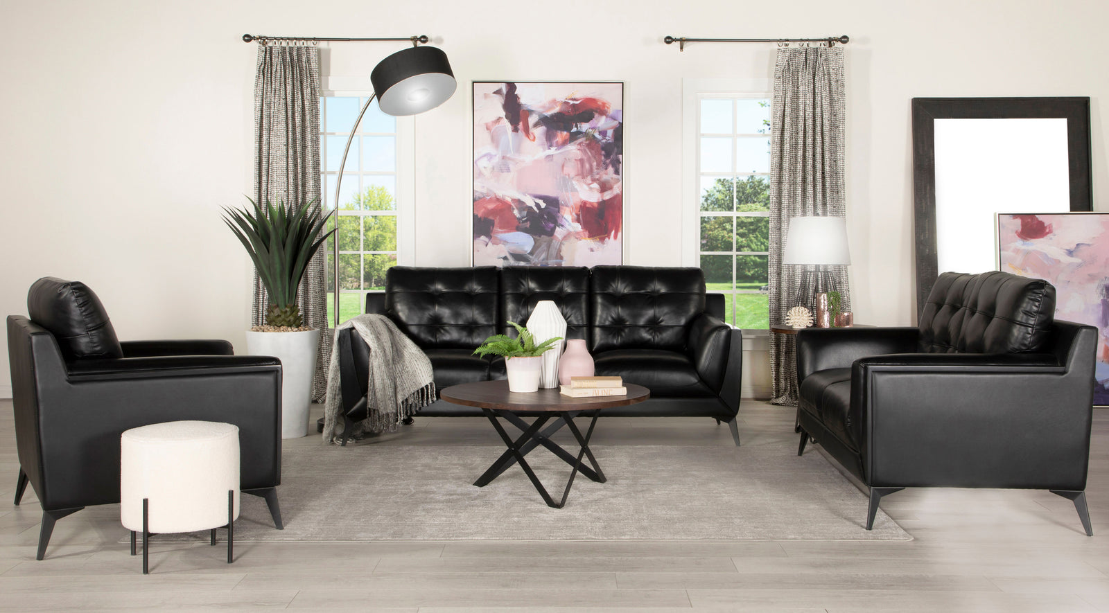 Moira Upholstered Tufted Living Room Set With Track Arms Black