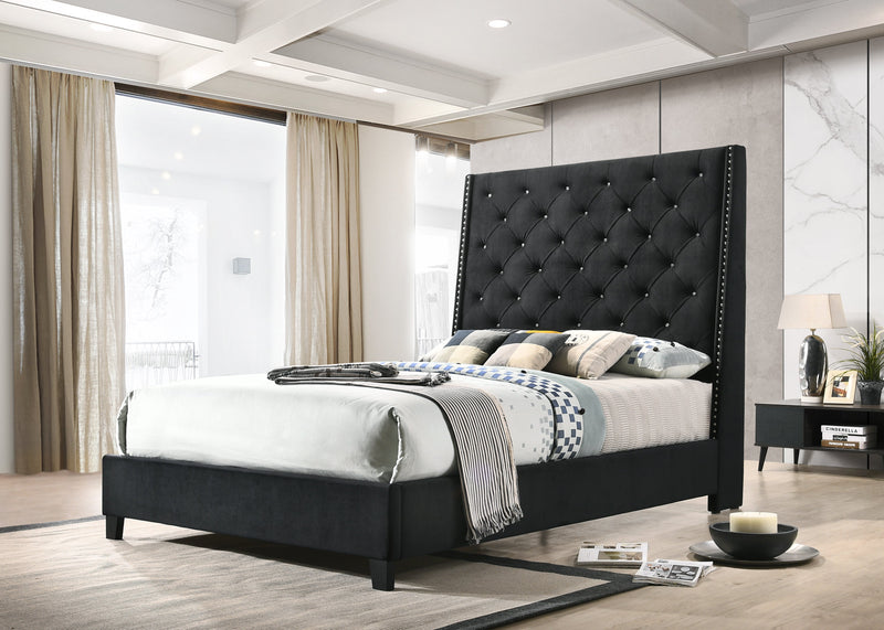 Chantilly Black Velvet Wood King Upholstered Tufted Bed