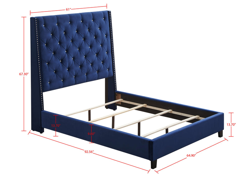 Chantilly Royal Blue Velvet Modern Wood King Upholstered Tufted Bed