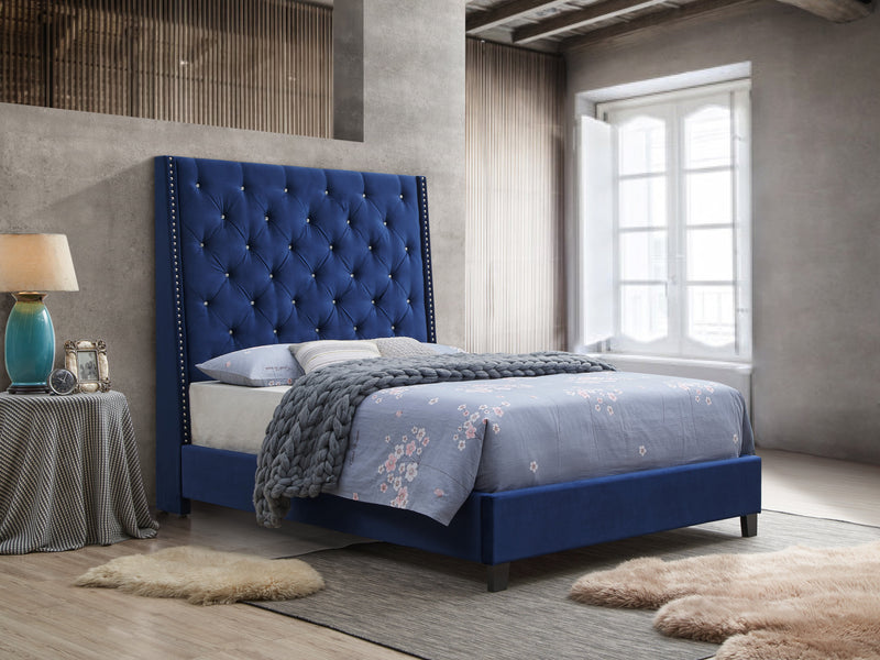 Chantilly Royal Blue Velvet Modern Wood Queen Upholstered Tufted Bed