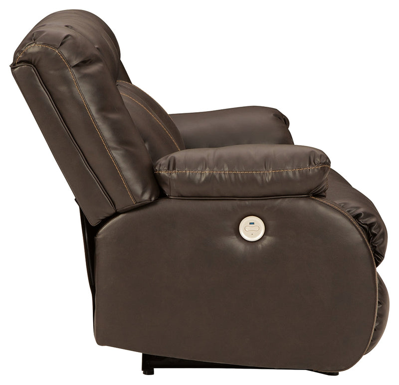 Denoron Chocolate Faux Leather Power Reclining Loveseat