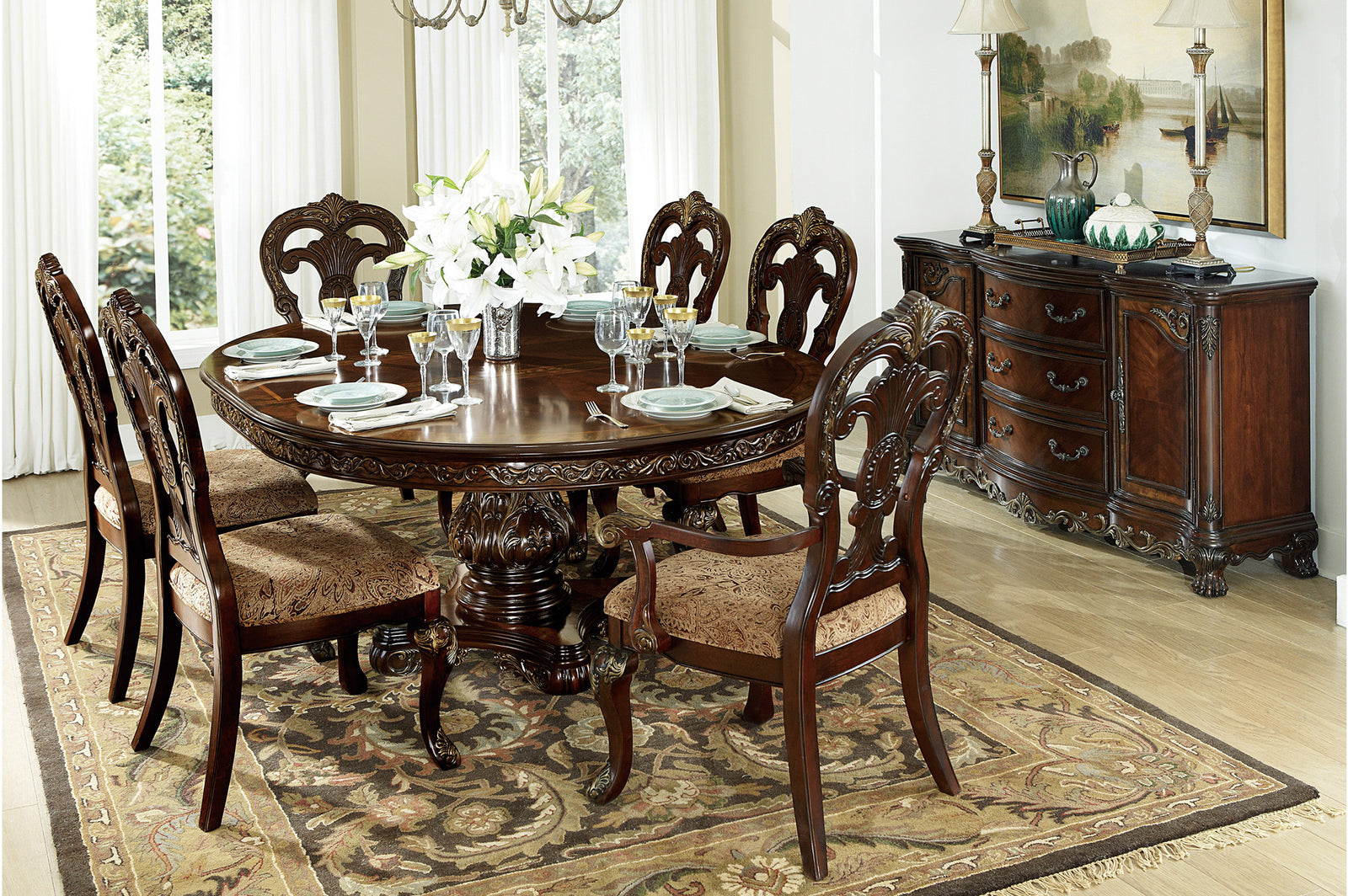 Deryn Park Cherry Modern Classic Traditional Solid Wood Upholstered Oval Dining Room Set