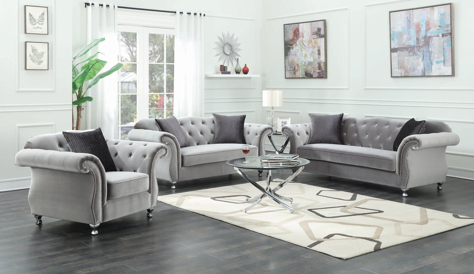 Frostine Upholstered Tufted Living Room Set Silver