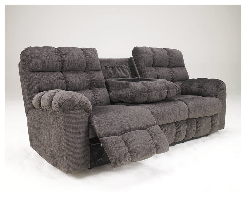 Acieona Slate Chenille Reclining Sofa With Drop Down Table