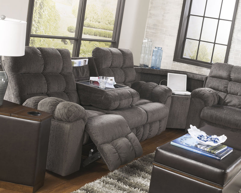 Acieona Slate Chenille Reclining Sofa With Drop Down Table