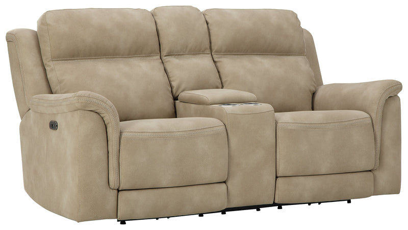 Next-Gen Durapella Sand Microfiber Power Reclining Loveseat With Console