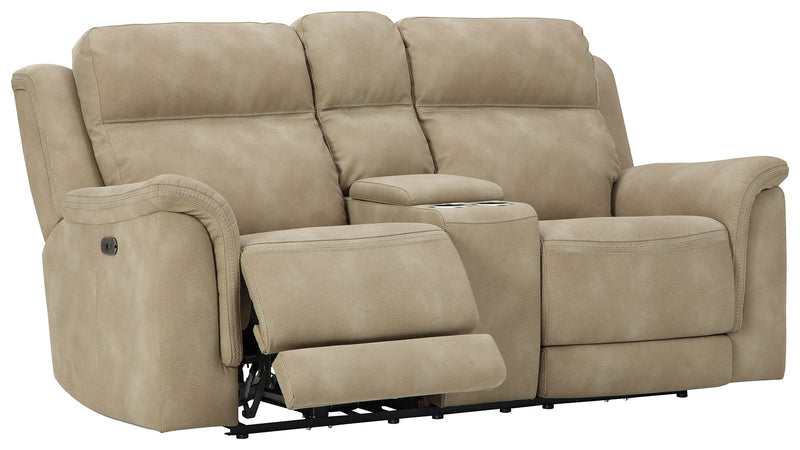 Next-Gen Durapella Sand Microfiber Power Reclining Loveseat With Console