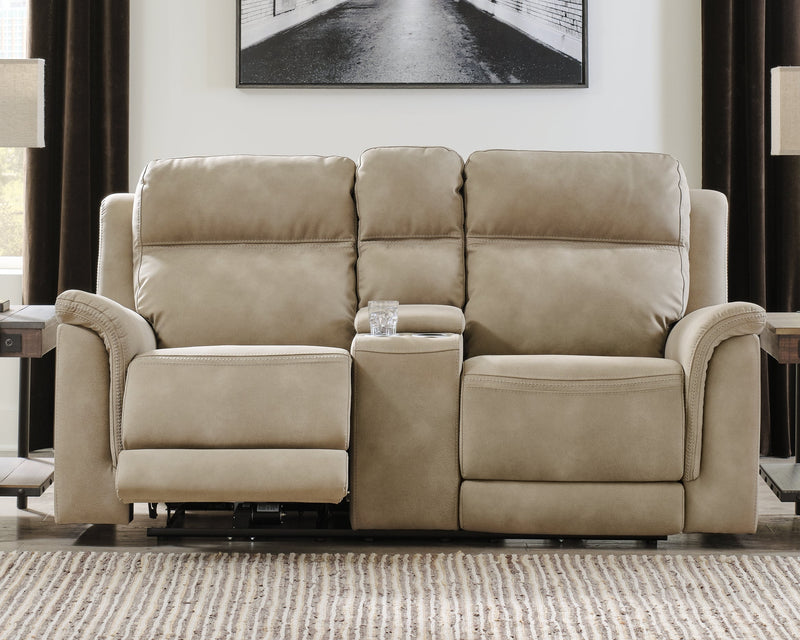 Next-Gen Durapella Sand Microfiber Power Reclining Loveseat With Console