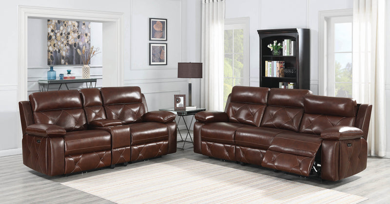 Chester Upholstered Power Reclining Seat And Headrest Sofa Chocolate