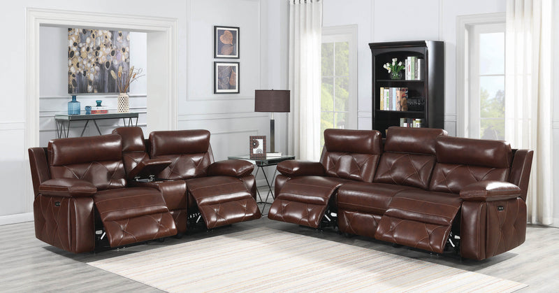 Chester Upholstered Power Reclining Seat And Headrest Sofa Chocolate