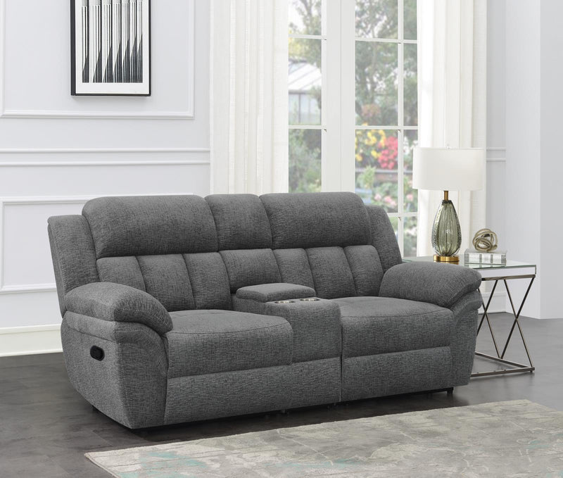 Bahrain Grey Upholstered Motion Loveseat with Console Charcoal