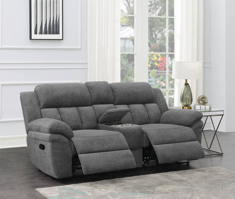 Bahrain Grey Upholstered Motion Loveseat with Console Charcoal