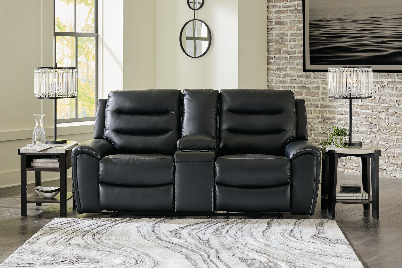 Warlin Black Faux Leather Power Reclining Loveseat With Console