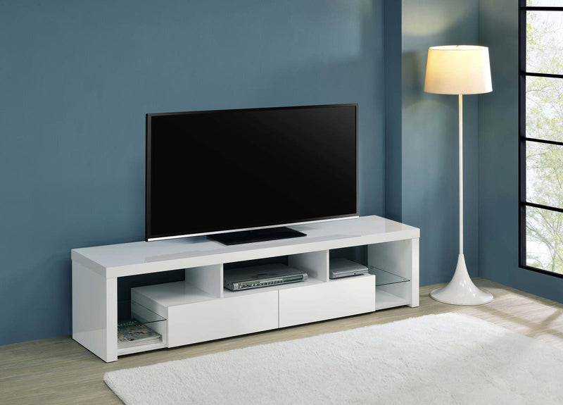 Jude 2-Drawer Wood 71″ TV Stand High Gloss White