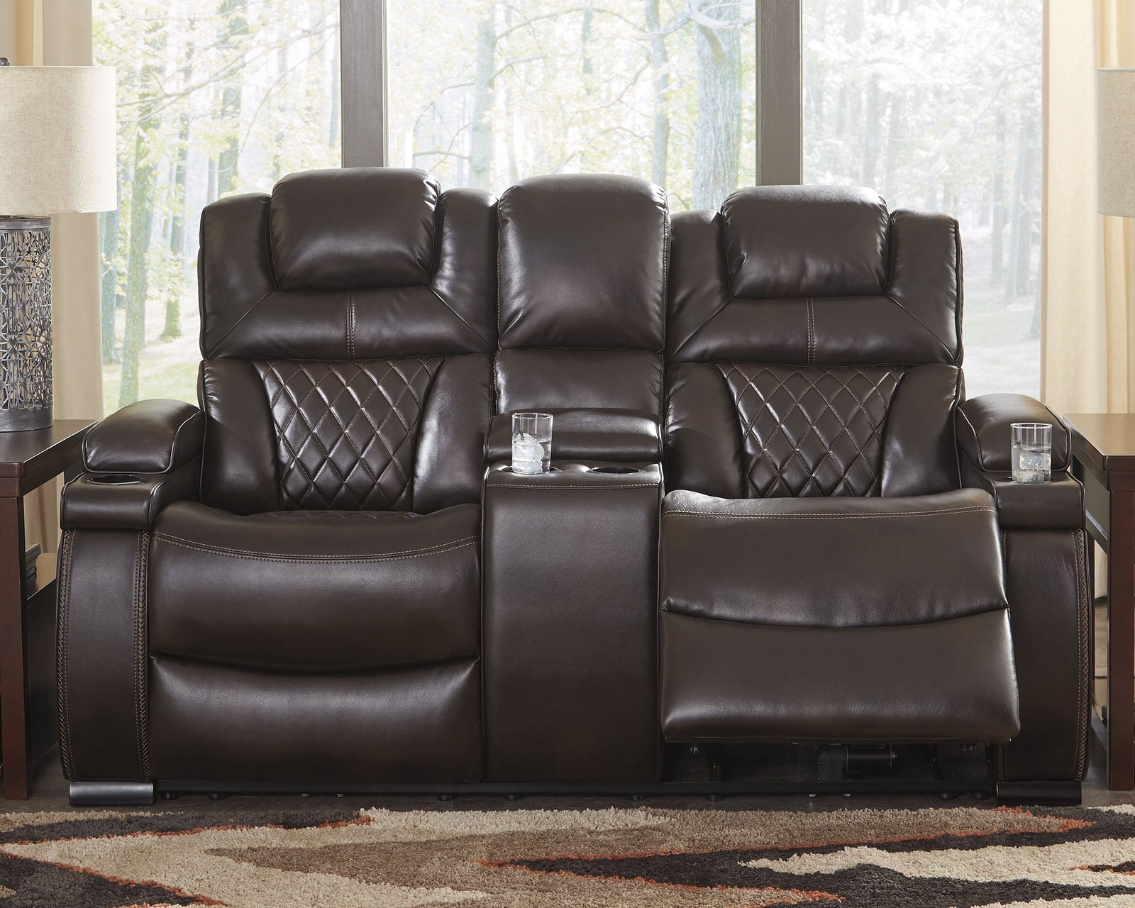 Warnerton Chocolate Faux Leather Power Reclining Loveseat With Console