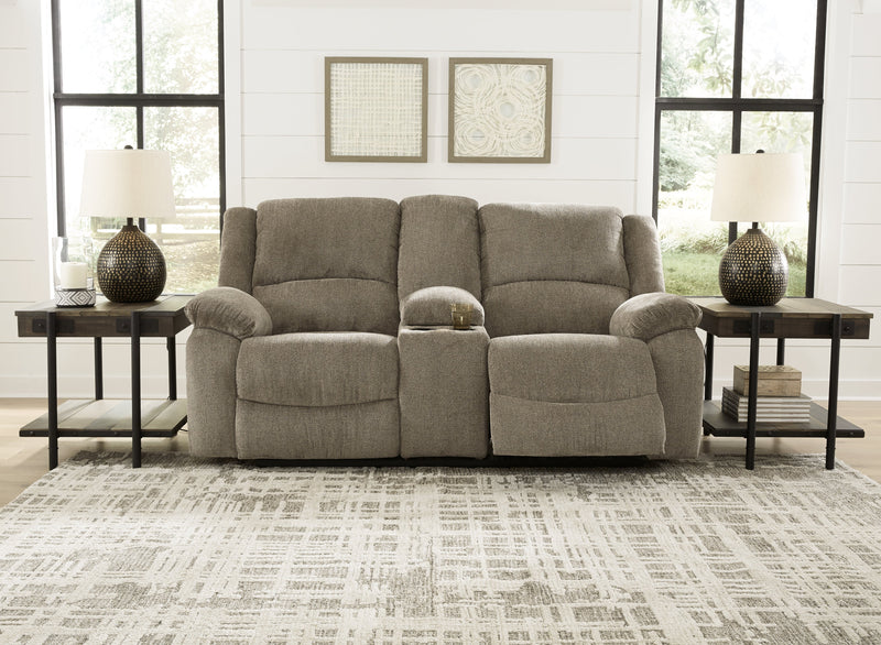 Draycoll Pewter Chenille Reclining Loveseat With Console