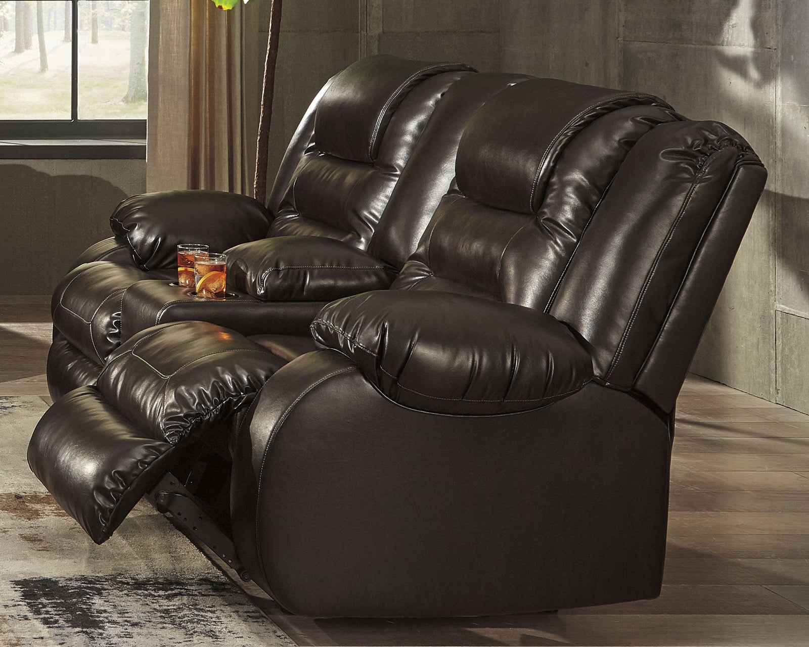 Vacherie Chocolate Faux Leather Reclining Loveseat With Console