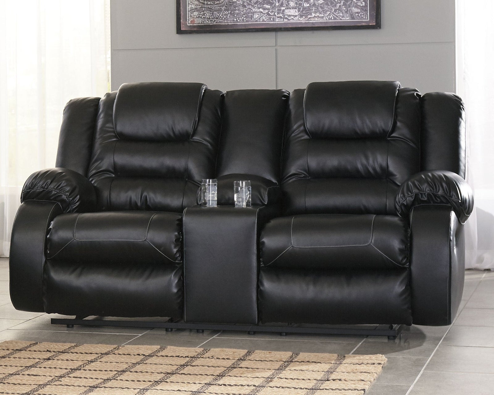 Vacherie Black Faux Leather Reclining Loveseat With Console