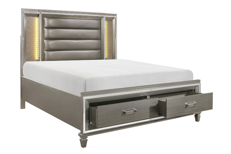 Tamsin Silver Gray Solid Wood Faux Leather Upholstered LED Storage Platform Bedroom Set