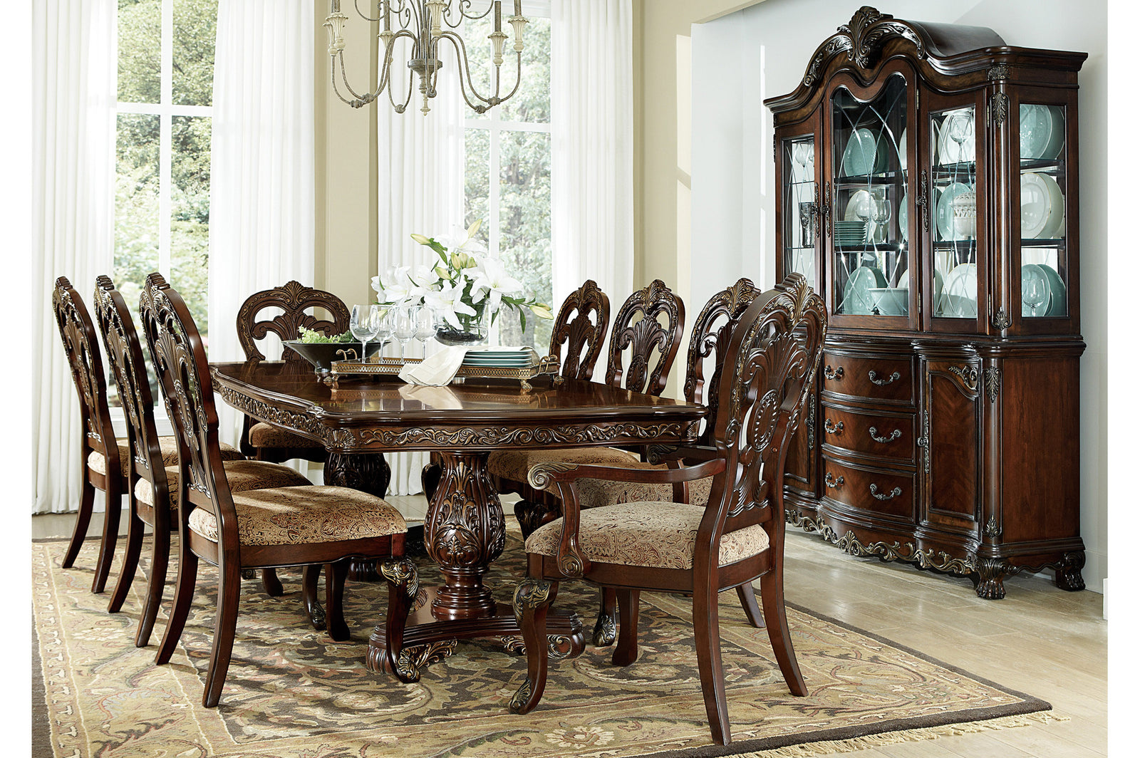 Deryn Park Cherry Traditional Solid Wood Plush Upholstered Seat Rectangular Dining Room Set