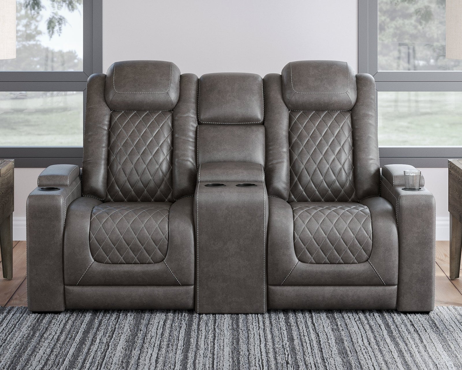 Hyllmont Gray Faux Leather Power Reclining Loveseat With Console