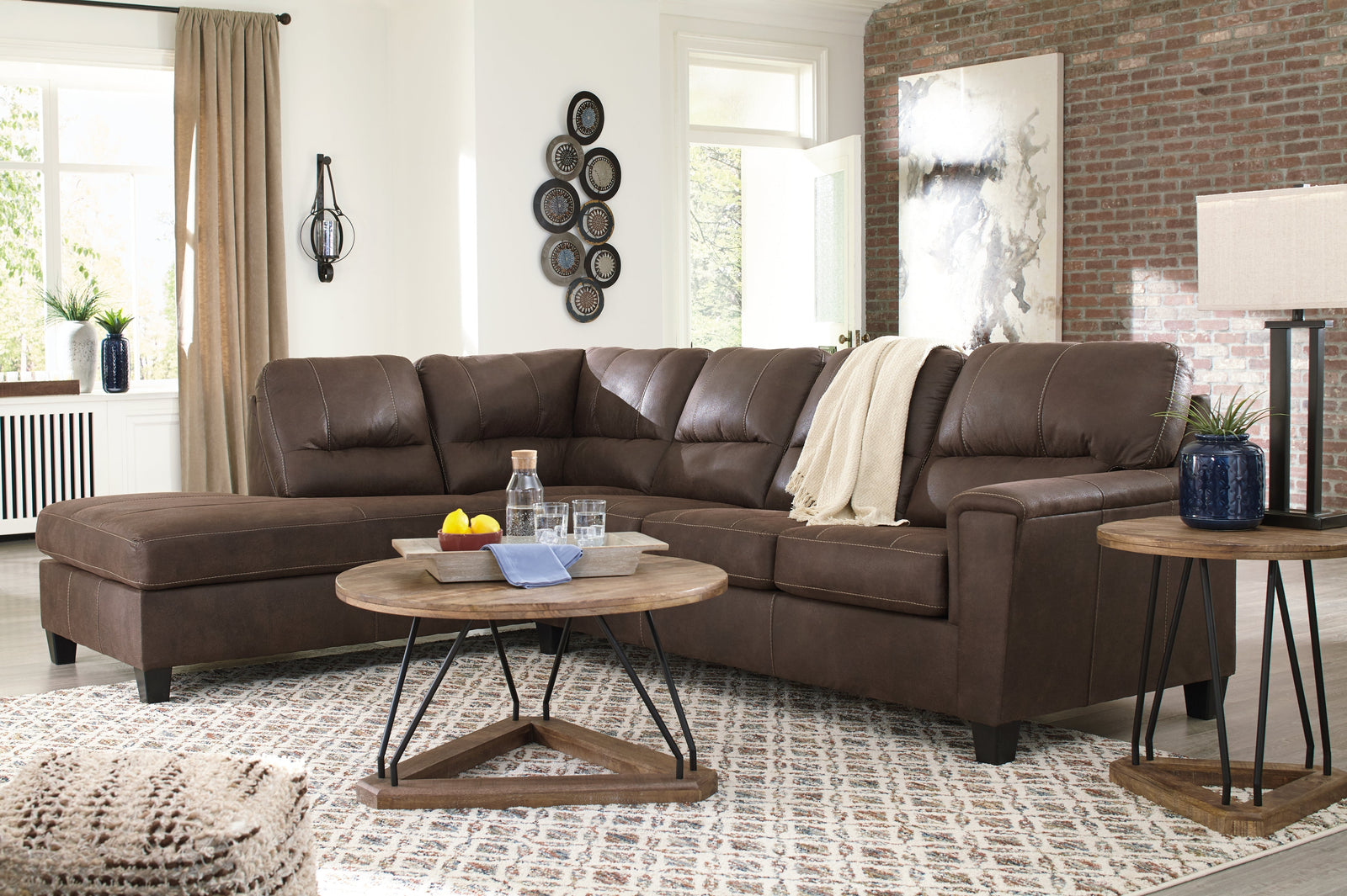 Navi Chestnut Faux Leather 2-Piece Sleeper Sectional With Chaise