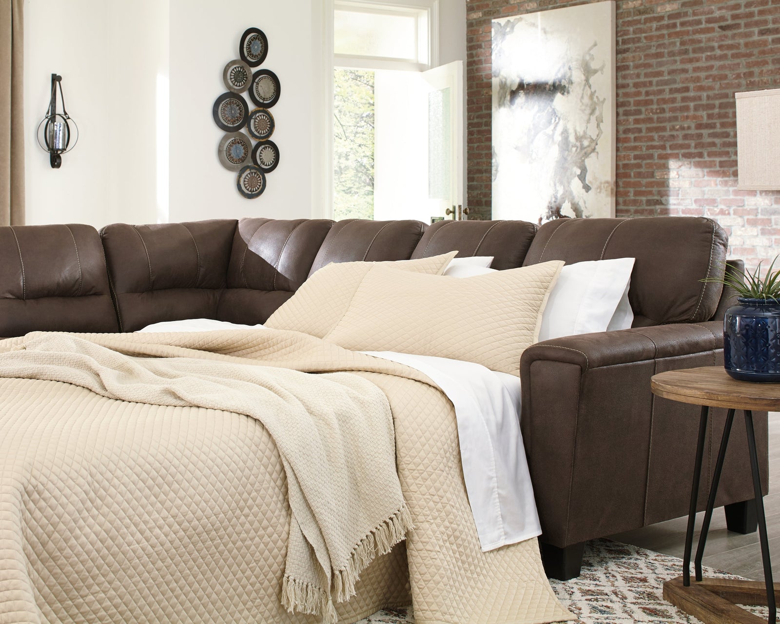 Navi Chestnut Faux Leather 2-Piece Sleeper Sectional With Chaise 94003S3